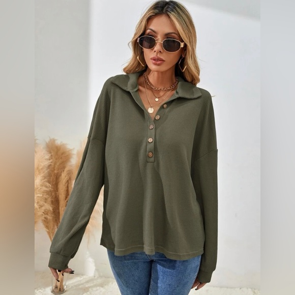 Half Button Army Green Long sleeve - Picture 3 of 7